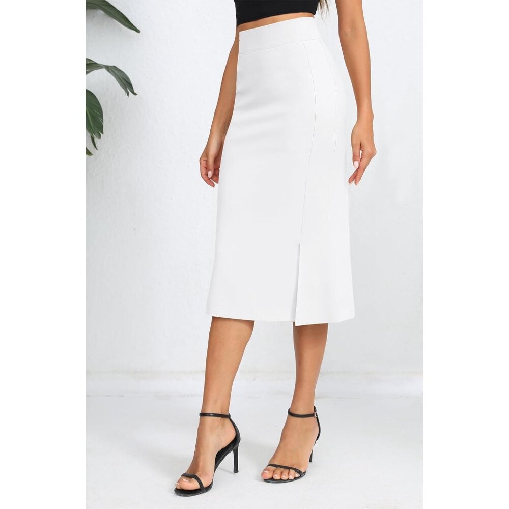 Women's White Stretch Office Fishtail Pencil High Waist Bodycon Slit Midi Skirt - Picture 2 of 6